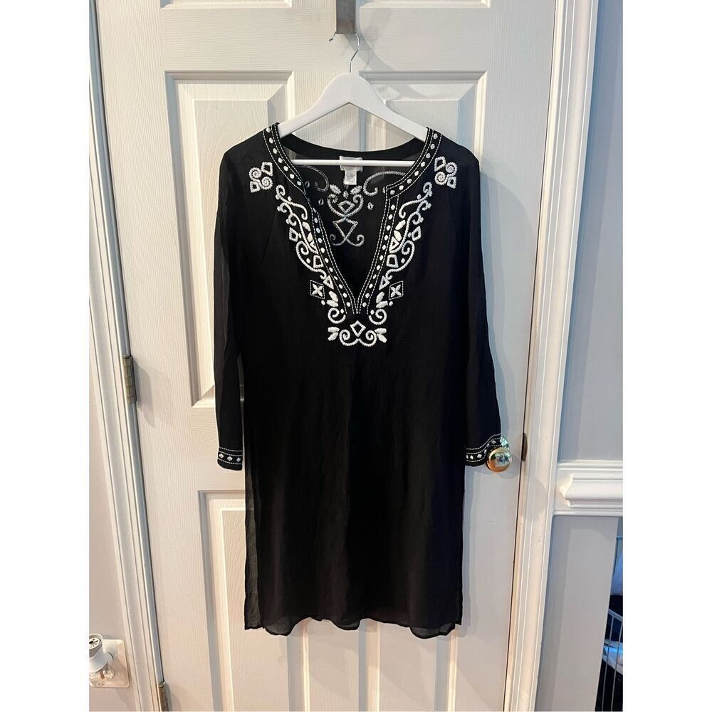 Chico’s Black 100% Silk Gauzy Sheer Classic Tunic Dress sz 1 or US M EUC